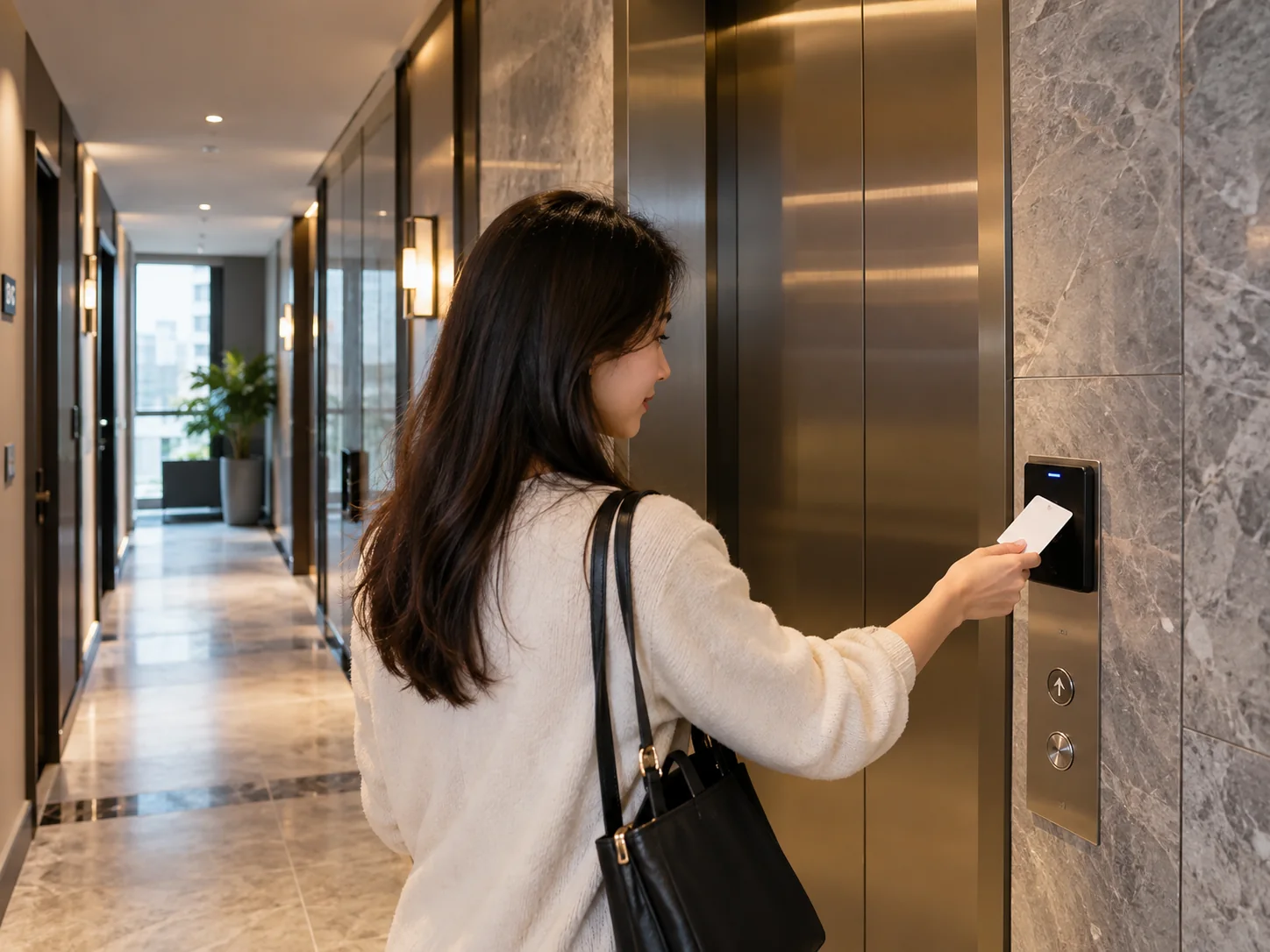 Bước check-in căn hộ dịch vụ: dùng keycard tại thang máy
