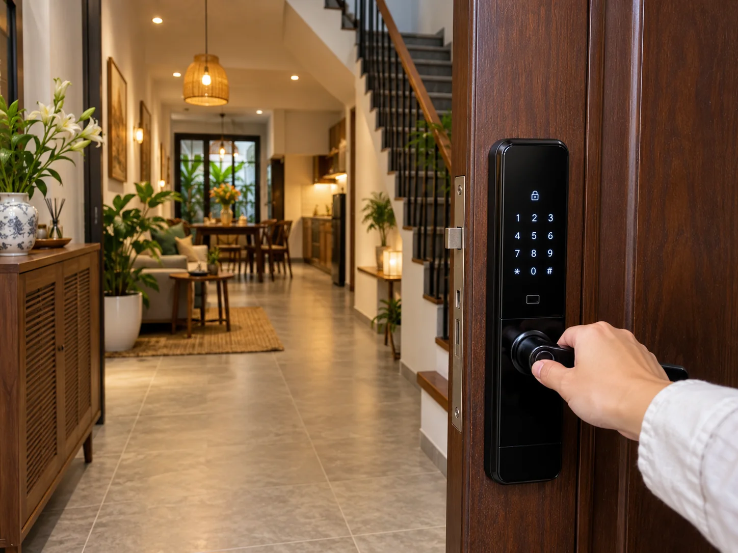 Bước check-in nhà phố: mở cửa chính vào nhà